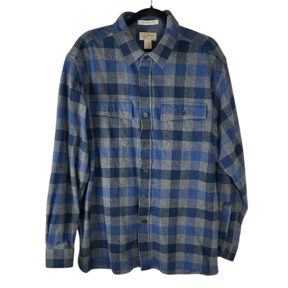 L.L. Bean men’s gray blue plaid cotton thick traditional fit flannel shirt XL